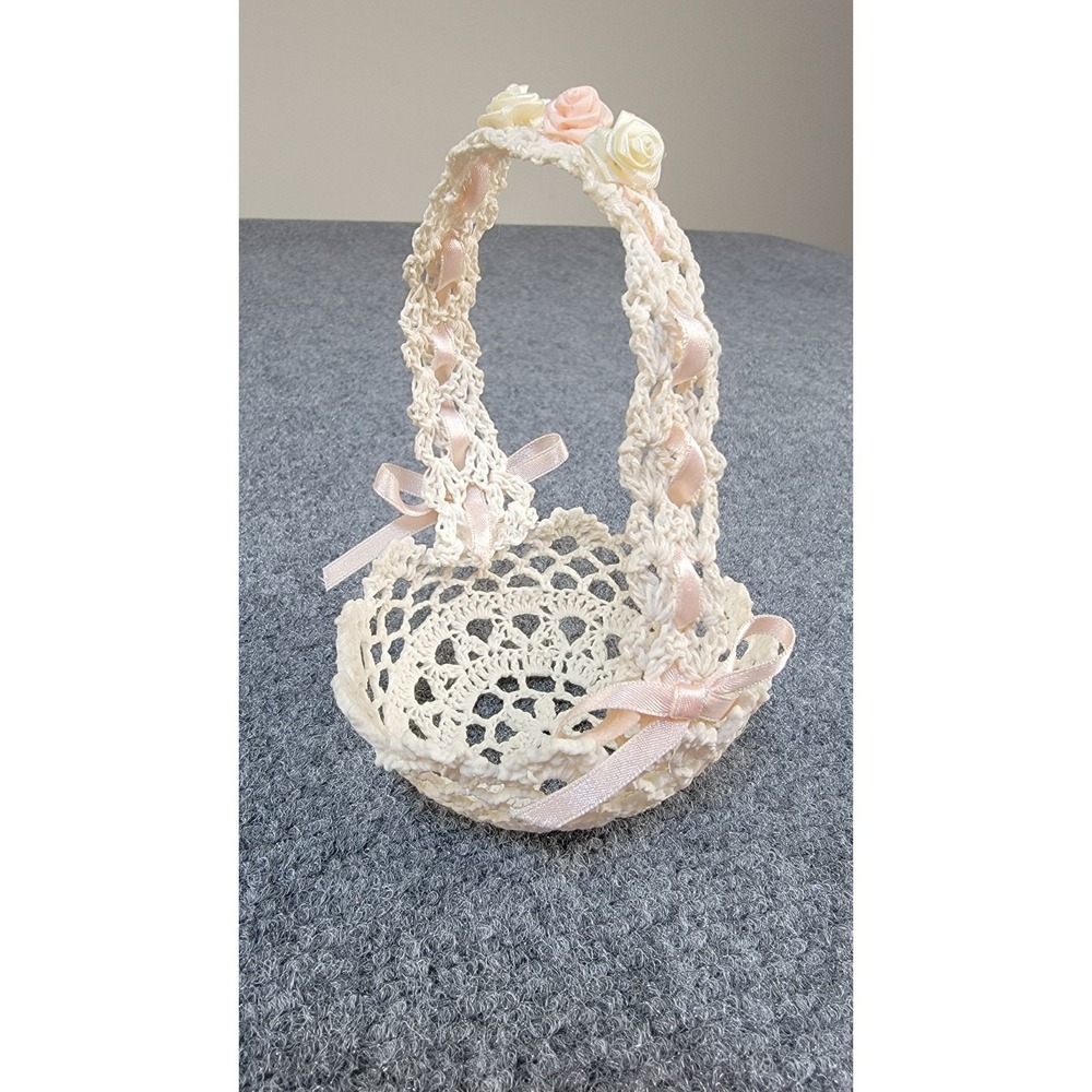 Vintage Dainty Crocheted Starched Easter Basket w/Flowers & Handle